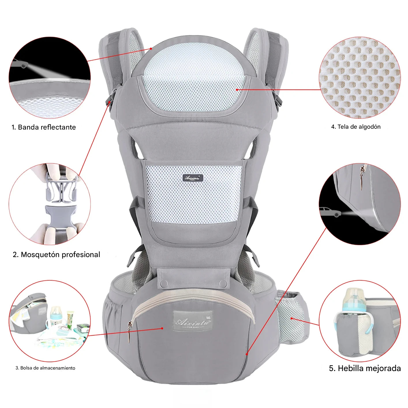 BabyEasy - Portabebe - Canguro - con asiento de cadera ergonomico 6 en 1