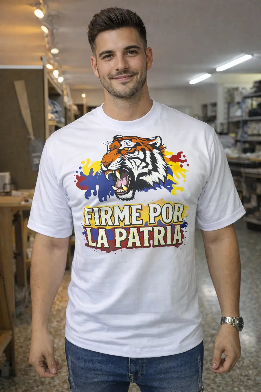 Camiseta "Firme por la Patria" – Llevá el Orgullo Colombiano con la Fuerza de un Tigre.