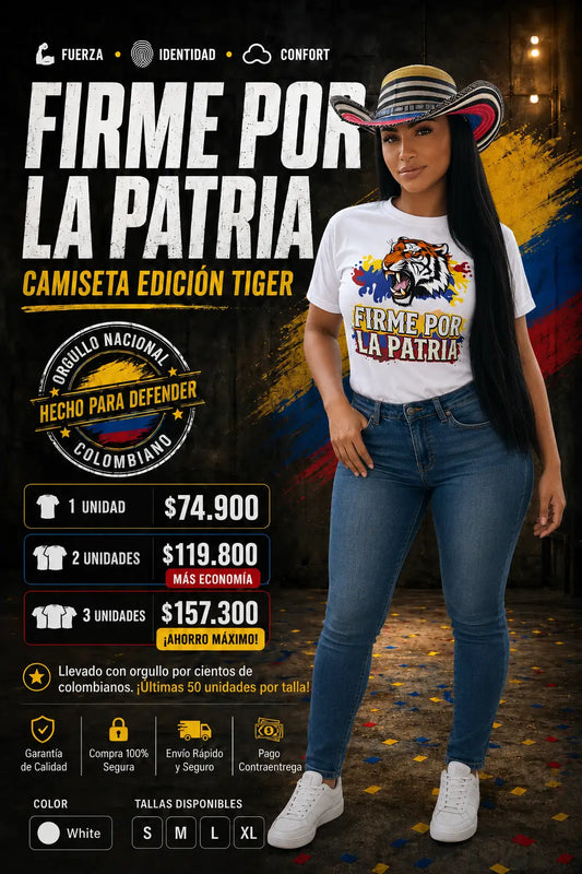 Camiseta "Firme por la Patria" – Llevá el Orgullo Colombiano con la Fuerza de un Tigre.