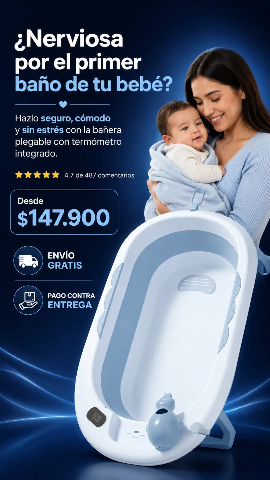 BAÑERA PLEGABLE PARA BEBÉ CON TERMÓMETRO