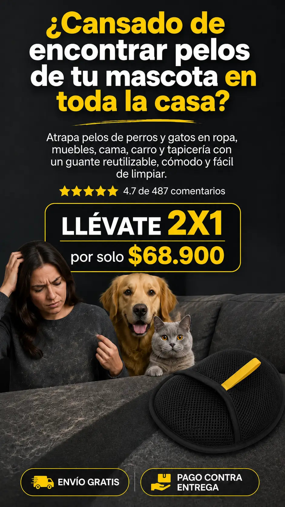 GUANTE QUITAPELOS 2X1: Elimina el Pelo de tu Mascota en Segundos Mientras la Consientes (¡Sin lastimarla ni gastar en costosas peluquerías!)
