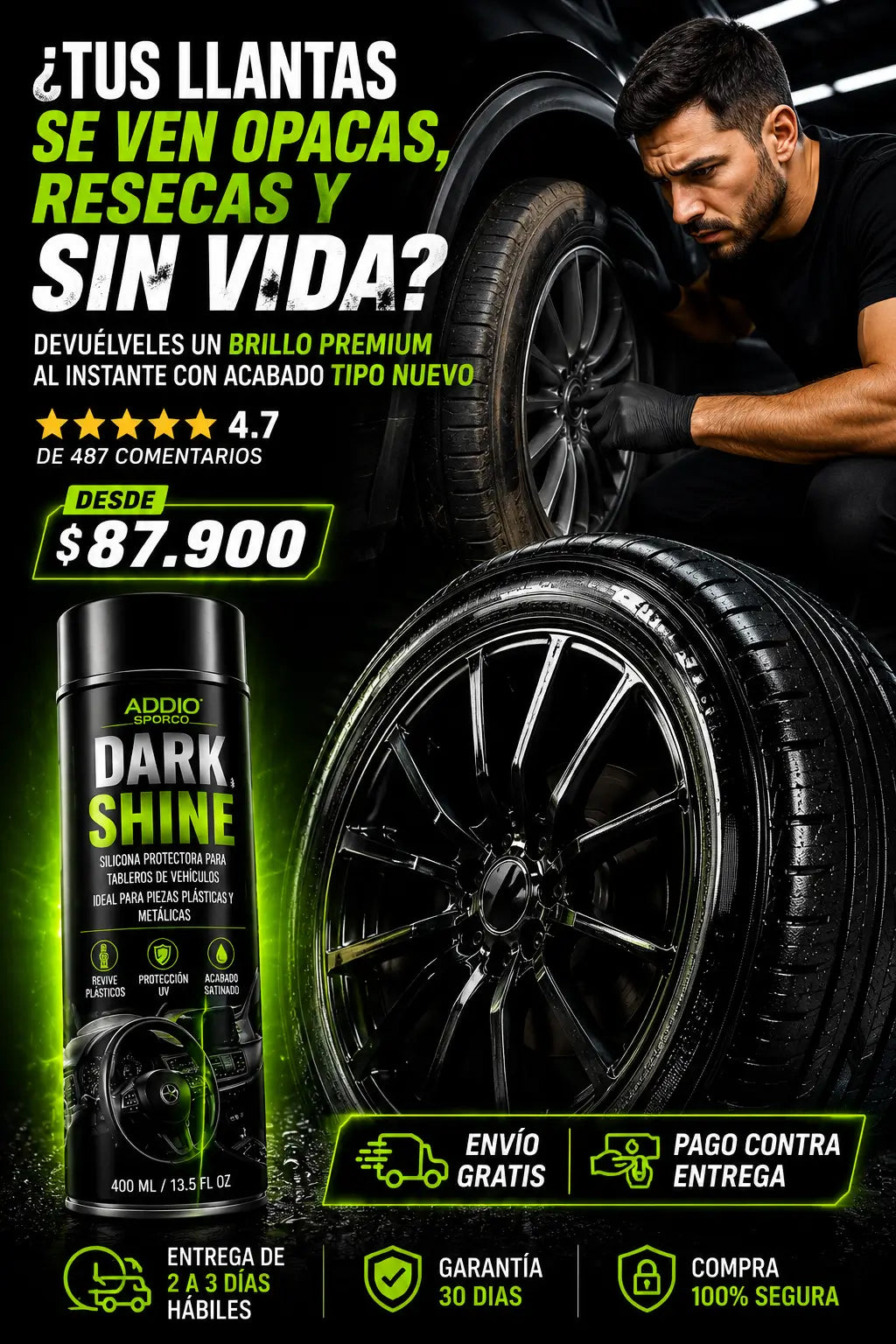 Dark Shine Detallado Interior y Exterior 400ML + OBSEQUIO FULL BLACK Renovador Para Llantas