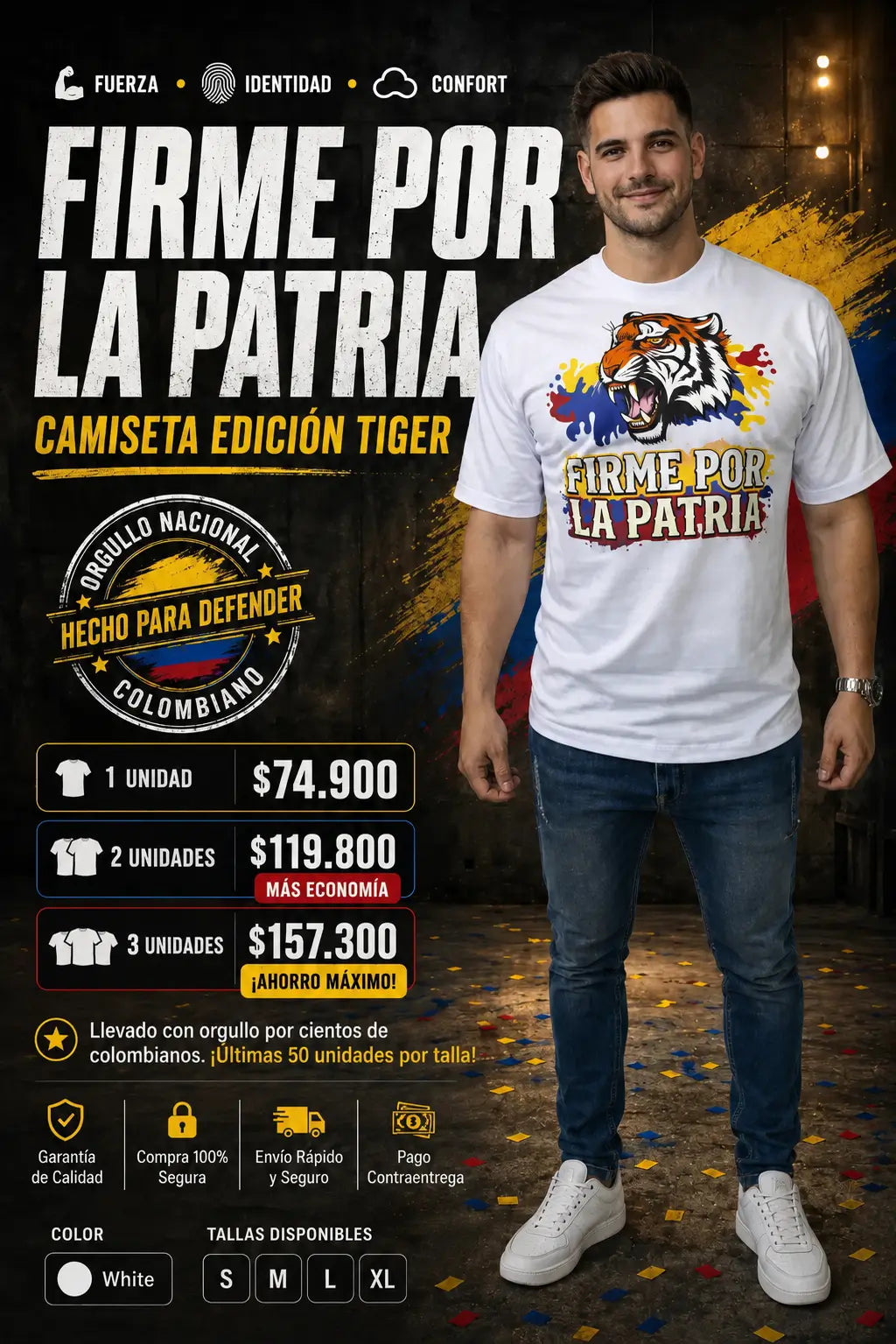 Camiseta "Firme por la Patria" – Llevá el Orgullo Colombiano con la Fuerza de un Tigre.