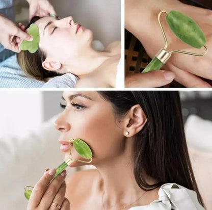 KIT MASAJEADOR FACIAL PREMIUM (Gua Sha + Rodillo de Jade/Cuarzo + Prensa para Ojos)