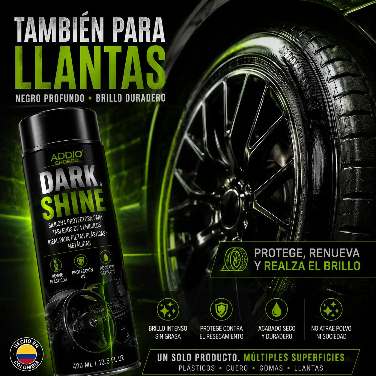 Dark Shine Detallado Interior y Exterior 400ML + OBSEQUIO FULL BLACK Renovador Para Llantas