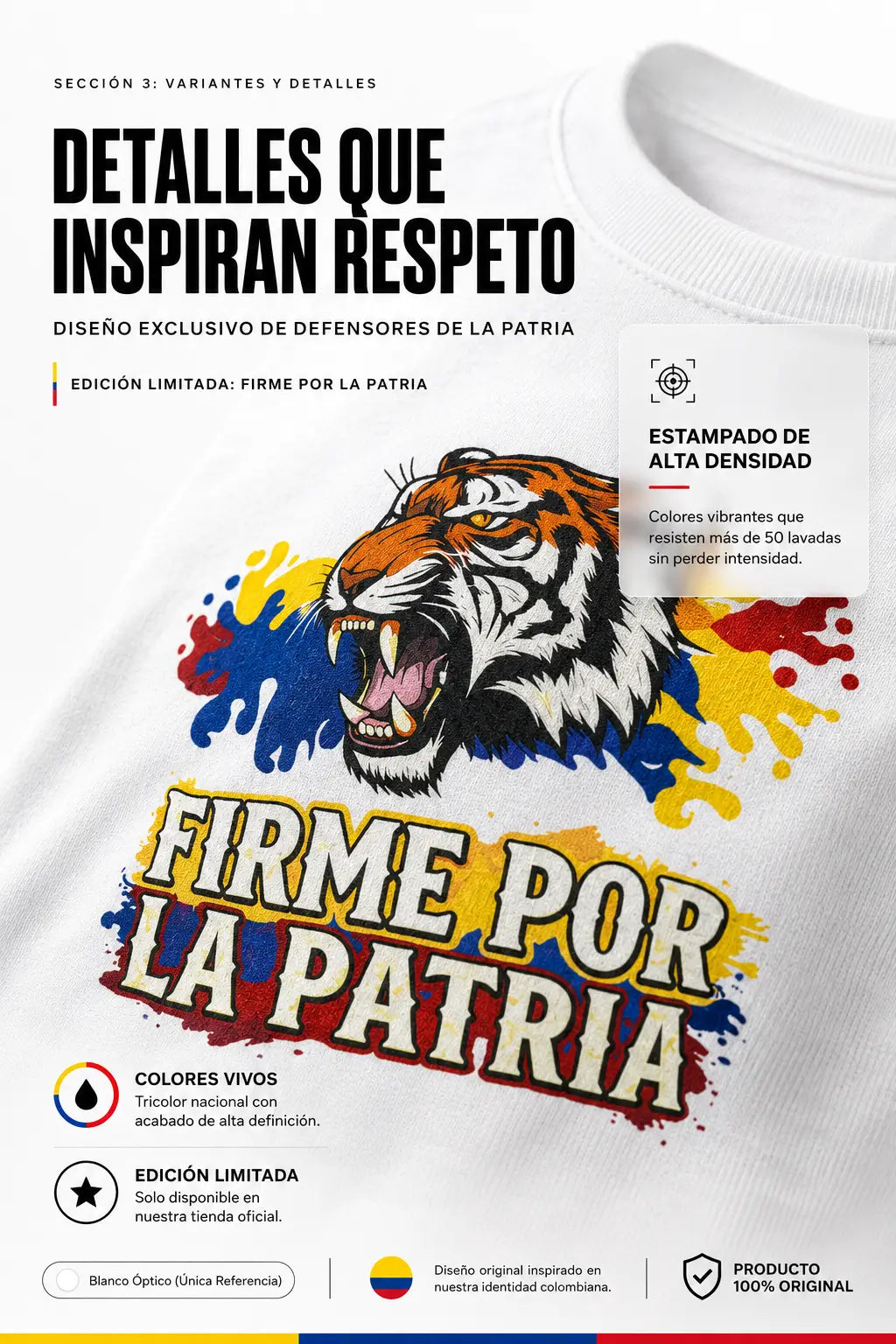 Camiseta "Firme por la Patria" – Llevá el Orgullo Colombiano con la Fuerza de un Tigre.