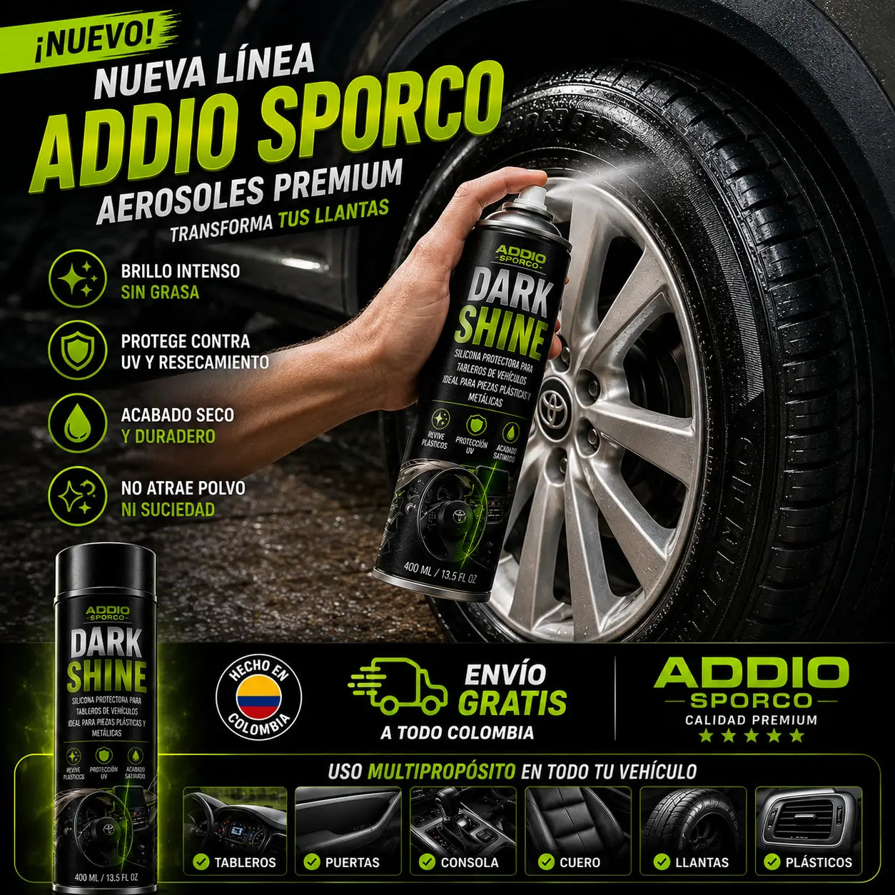 Dark Shine Detallado Interior y Exterior 400ML + OBSEQUIO FULL BLACK Renovador Para Llantas