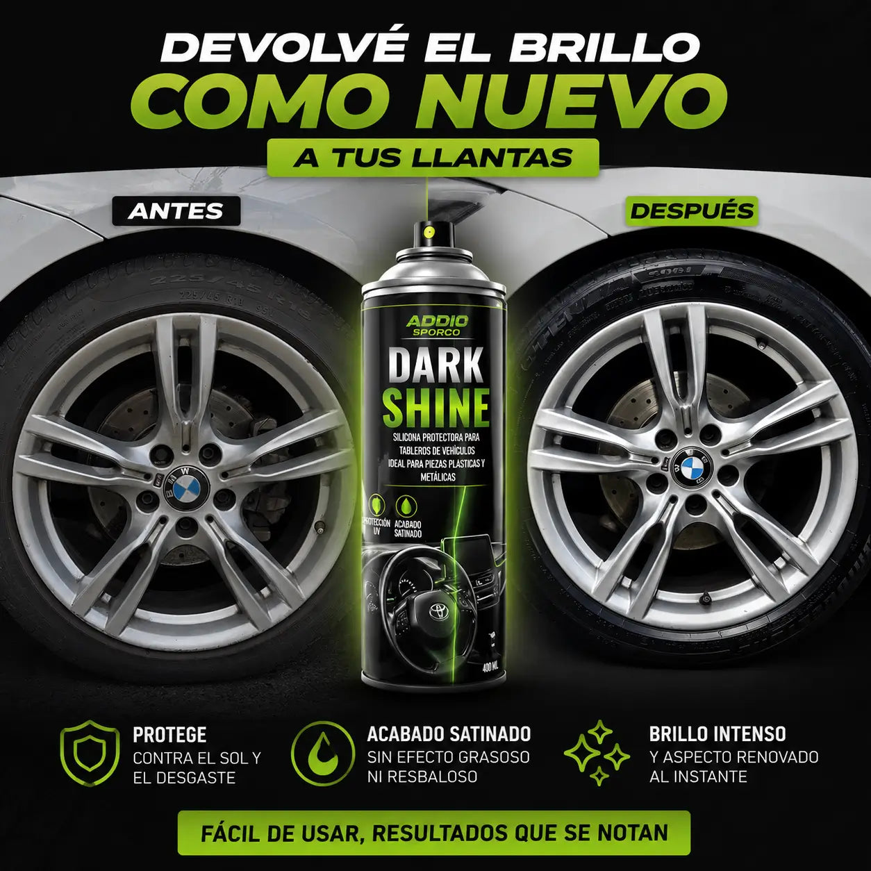 Dark Shine Detallado Interior y Exterior 400ML + OBSEQUIO FULL BLACK Renovador Para Llantas