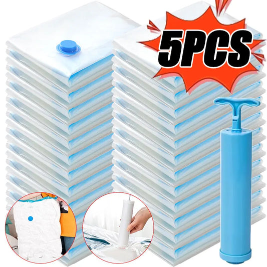 FullProtección - Pack de 5 Bolsas de Empacado al Vacio + Bomba de Vacio - Comprimen tu Ropa y Triplican Tu Espacio